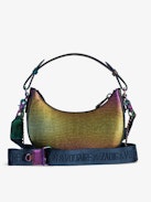 Moonrock Metallic Embossed Bag - Rainbow iguana-embossed metallic leather half-moon bag with handle, shoulder strap, chain and wings charm.