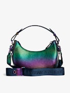 Moonrock Metallic Embossed Bag - Rainbow iguana-embossed metallic leather half-moon bag with handle, shoulder strap, chain and wings charm.