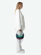 Moonrock Metallic Embossed Bag - Rainbow iguana-embossed metallic leather half-moon bag with handle, shoulder strap, chain and wings charm.