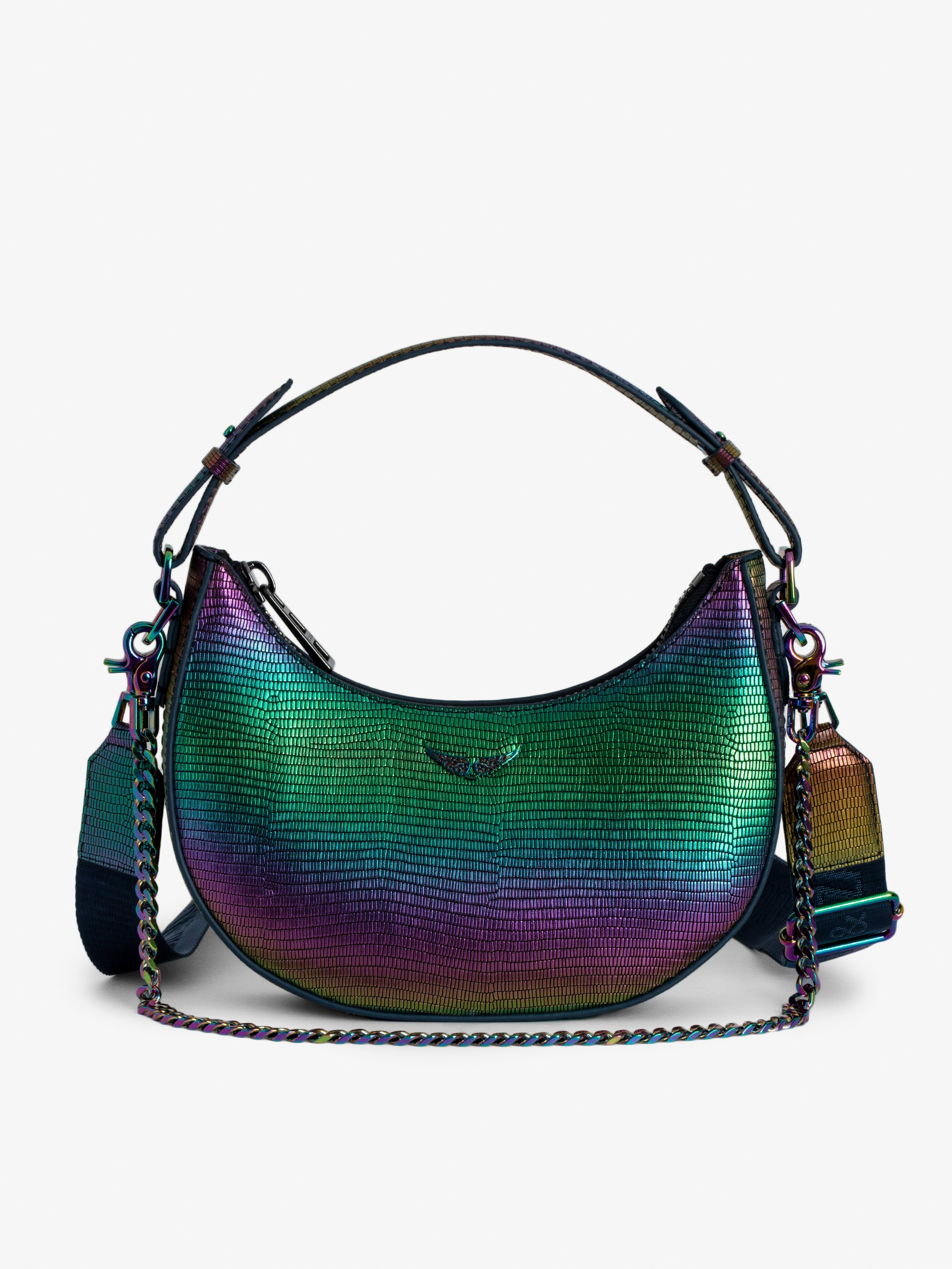 Tasche Moonrock Metallic Geprägt - Halbmondförmige, regenbogenfarbene Handtasche aus Metallic-Leder mit Leguan-Prägung mit Henkel, Schulterriemen, Kette und Flügel-Charm.
