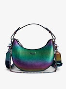Moonrock Metallic Embossed Bag - Rainbow iguana-embossed metallic leather half-moon bag with handle, shoulder strap, chain and wings charm.