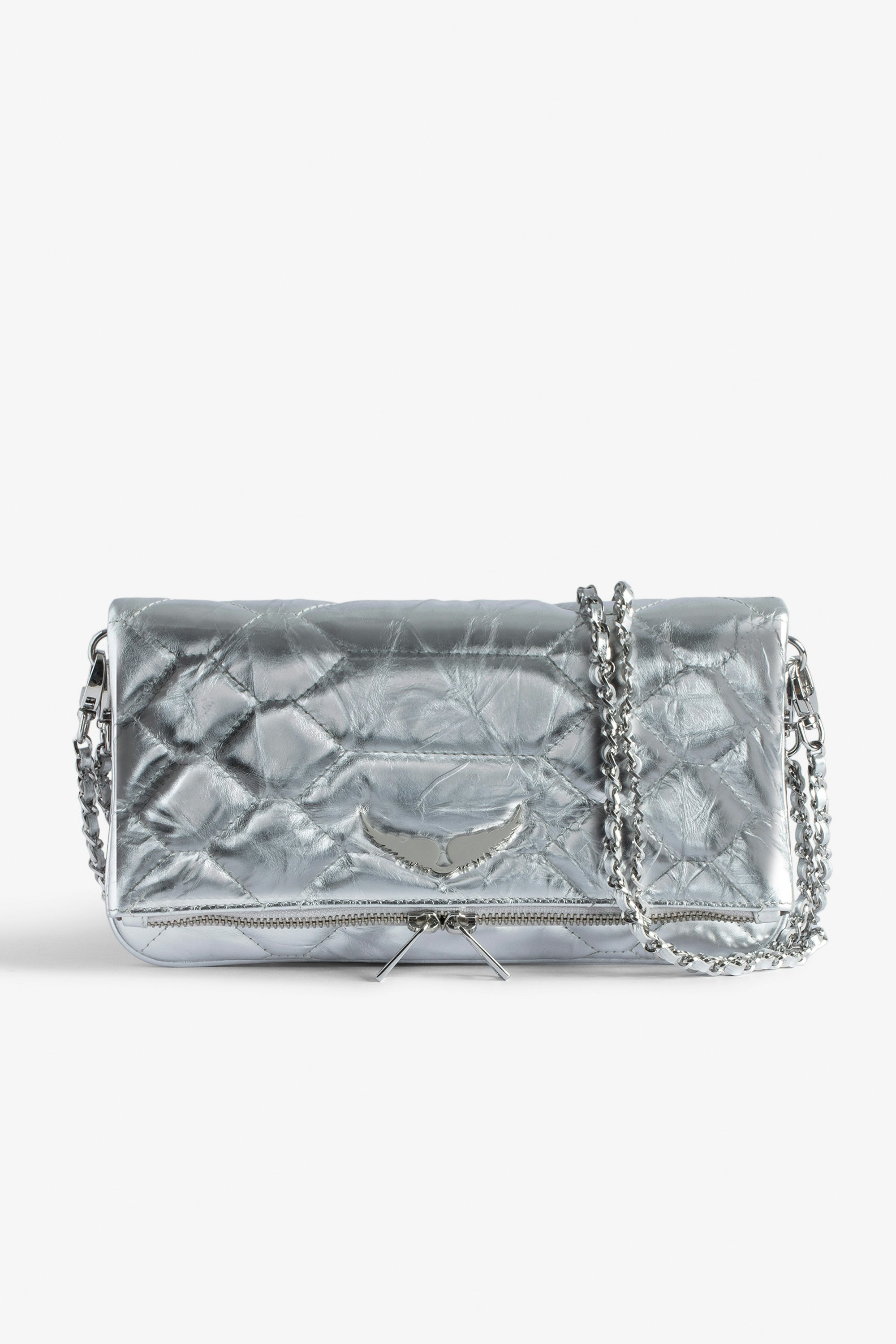 Rock Quilted Metallic Clutch - Rock silver snakeskin-effect metallic, crinkled, quilted leather clutch with double leather and metal chain.
