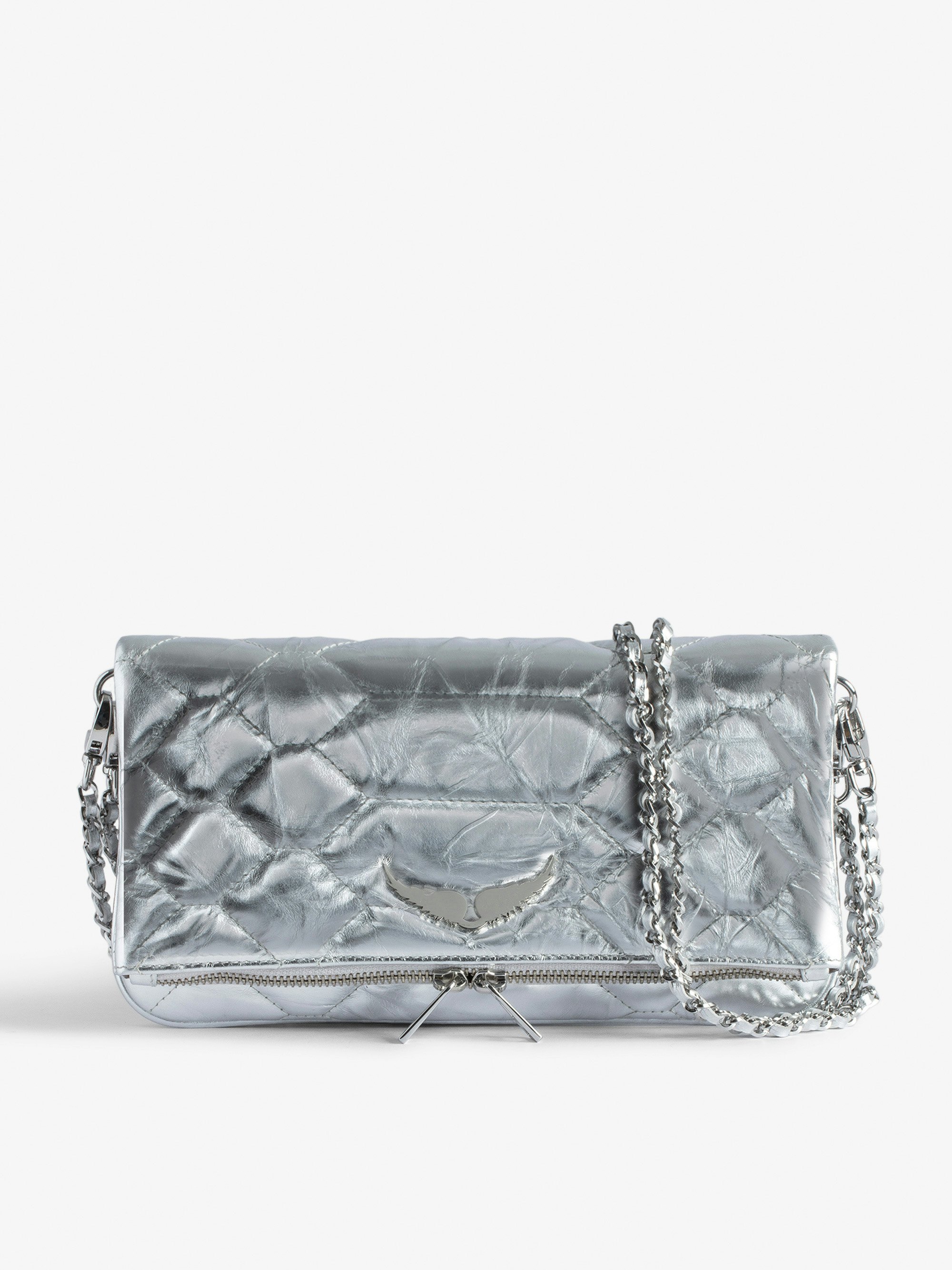 Rock Quilted Metallic Clutch - Rock silver crinkled quilted leather clutch with double leather and metal chain.