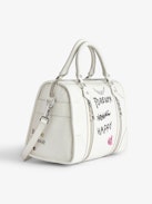 Borsa Sunny Medium #2 - Borsa in pelle verniciata ecru con manico, tracolla, charm a forma di ali e personalizzazioni create da Humberto Cruz.
