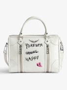 Borsa Sunny Medium #2 - Borsa in pelle verniciata ecru con manico, tracolla, charm a forma di ali e personalizzazioni create da Humberto Cruz.