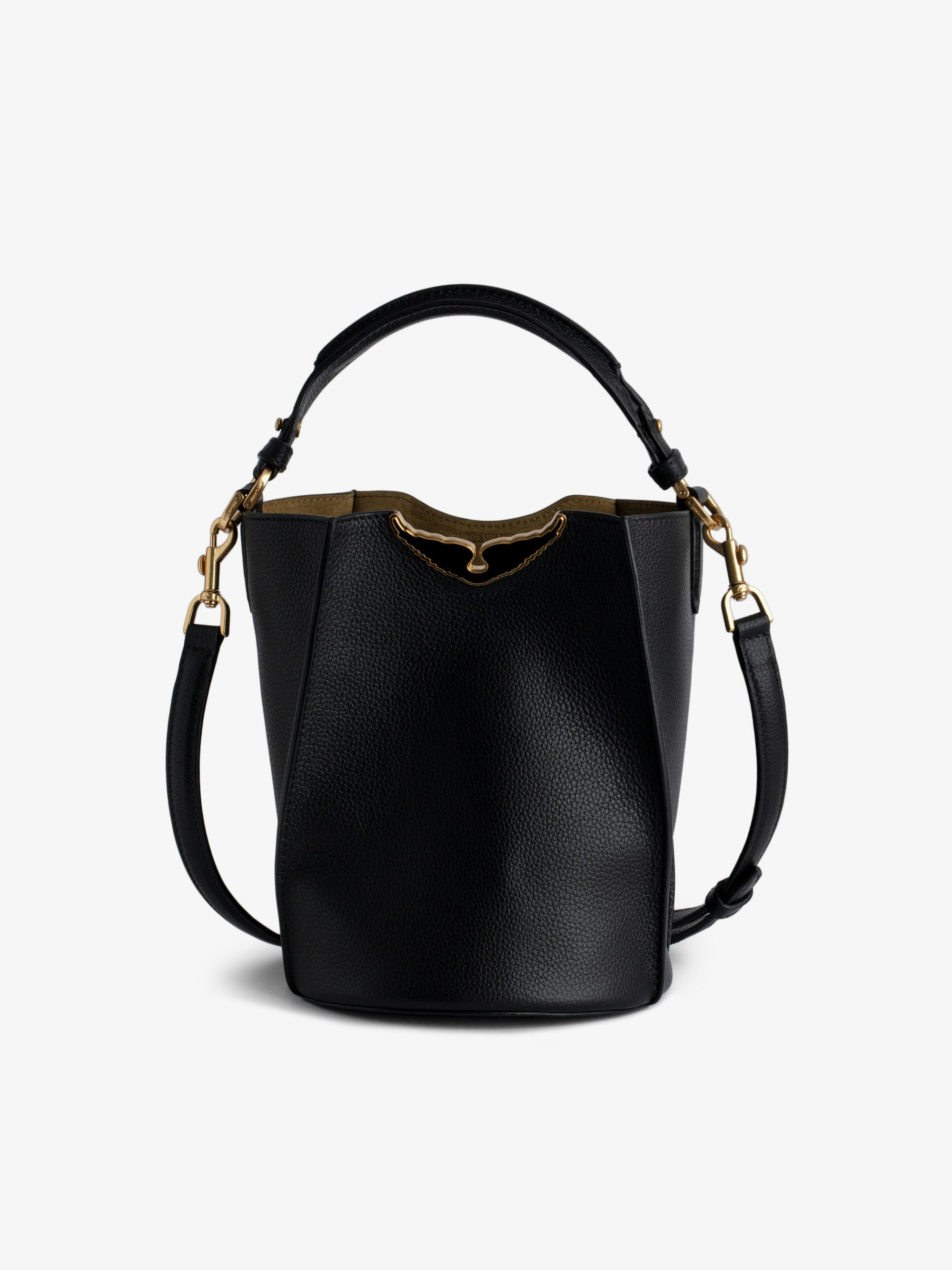 Borderline Bucket Bag - Black grained leather bucket bag with handle and shoulder strap, lacquered wings signature.