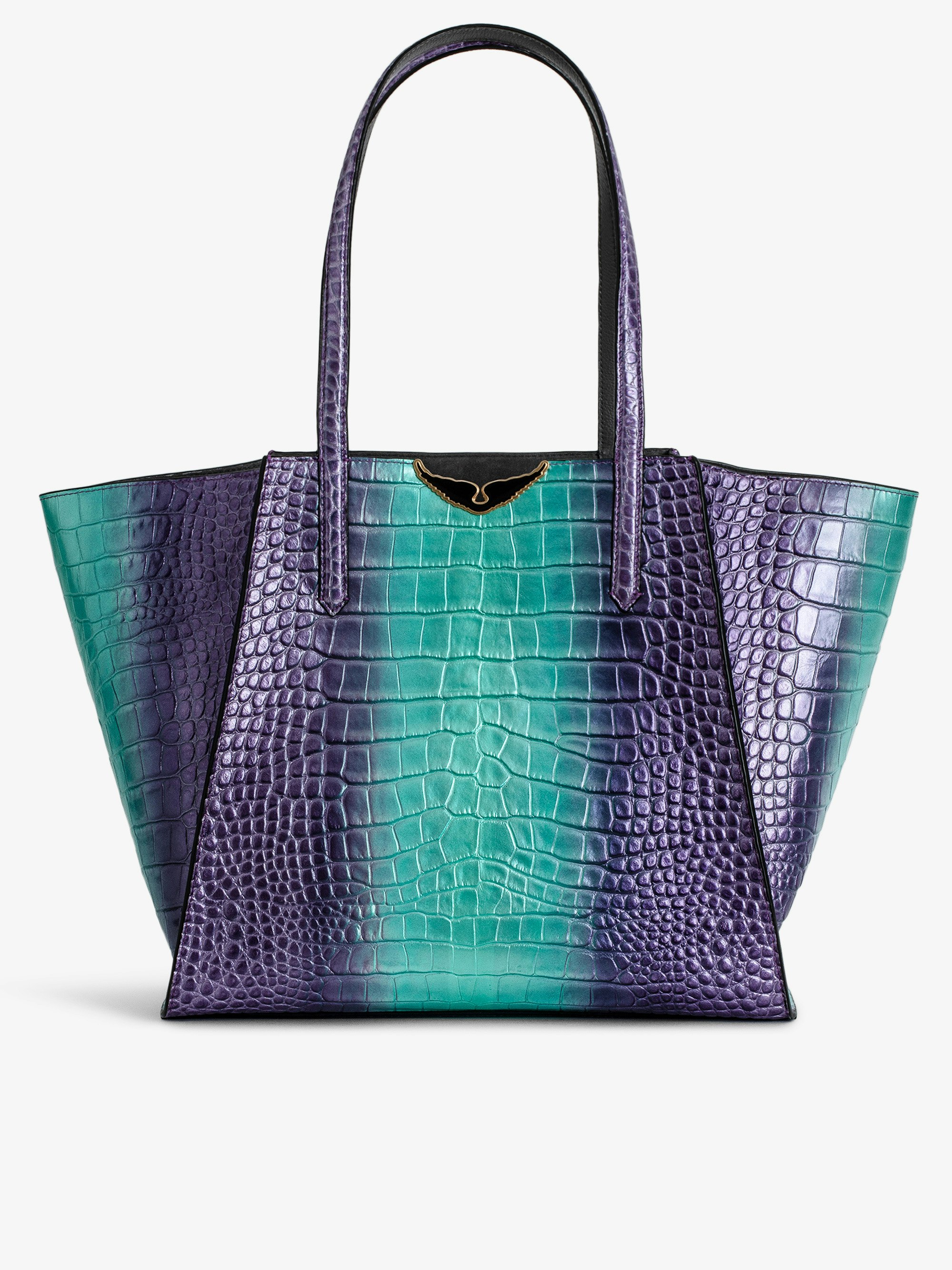 Le Borderline Embossed Metallic Bag - Purple croc-embossed metallic leather tote bag with lacquered handle and wings.