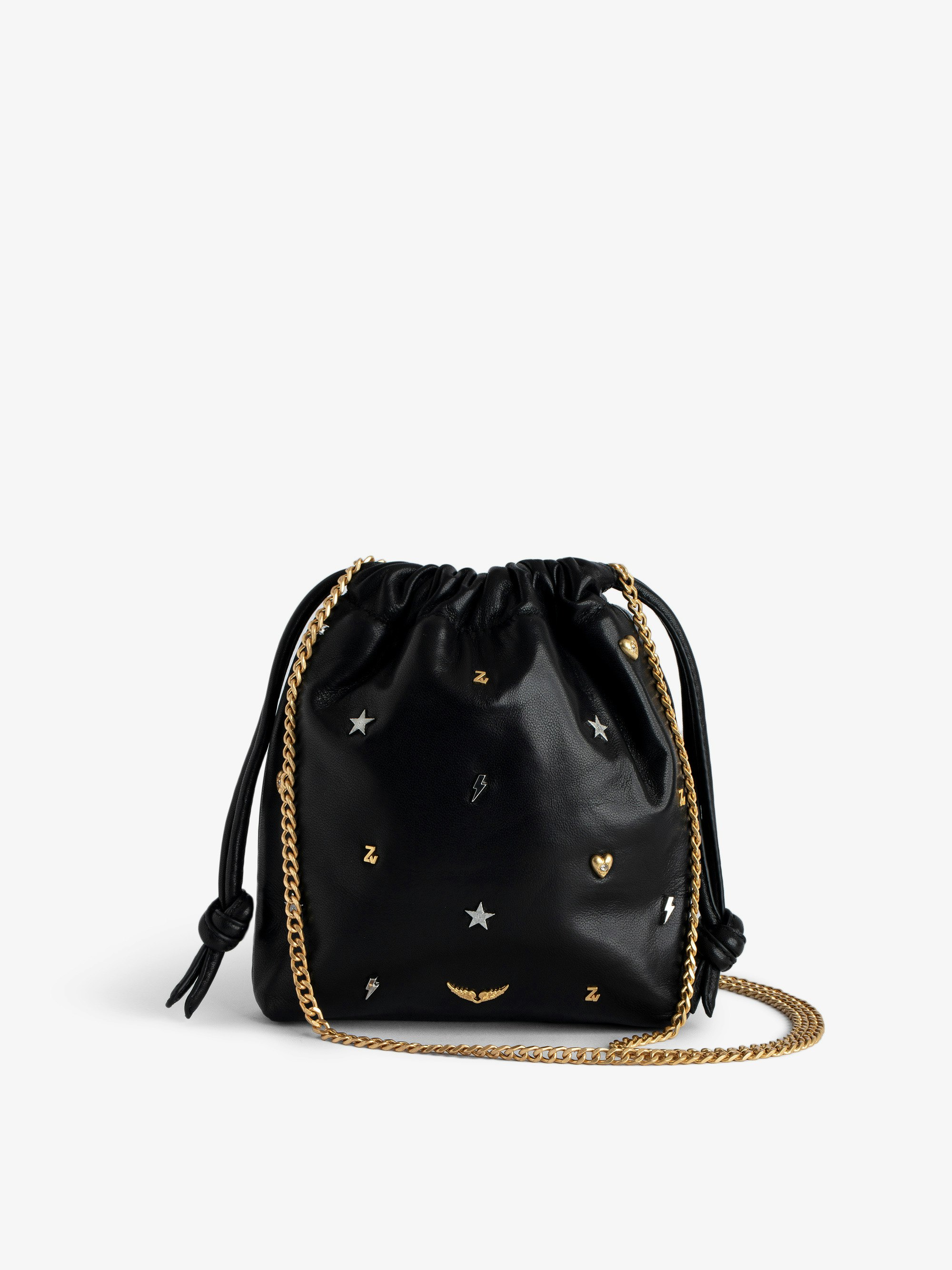 Rock to Go Lucky Charms Bag - Women's small bucket bag in black leather with silver and gold tone charms.
