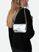 Rock Nano Eternal Metallic Clutch - Rock Nano small silver metallic crinkled leather clutch with double leather and chain strap.