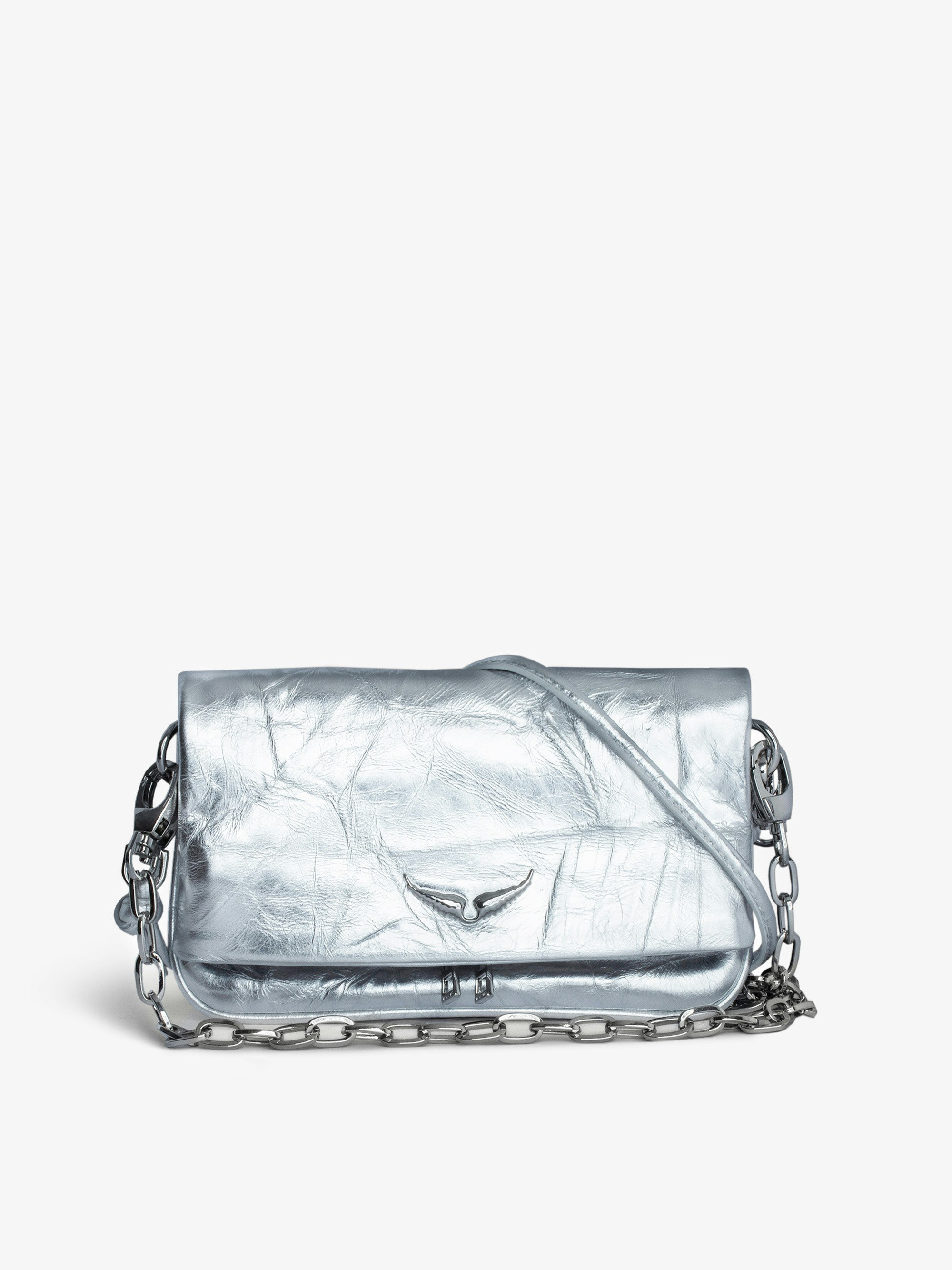 Rock Nano Eternal Metallic Clutch - Rock Nano small silver metallic crinkled leather clutch with double leather and chain strap.