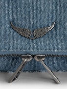 Rock Nano Glitter Denim Quilted Clutch - Small blue glitter denim quilted clutch with double leather and metal chain strap and charms.