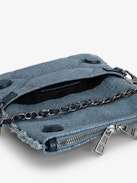 Rock Nano Glitter Denim Quilted Clutch - Small blue glitter denim quilted clutch with double leather and metal chain strap and charms.