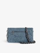 Rock Nano Glitter Denim Quilted Clutch - Small blue glitter denim quilted clutch with double leather and metal chain strap and charms.