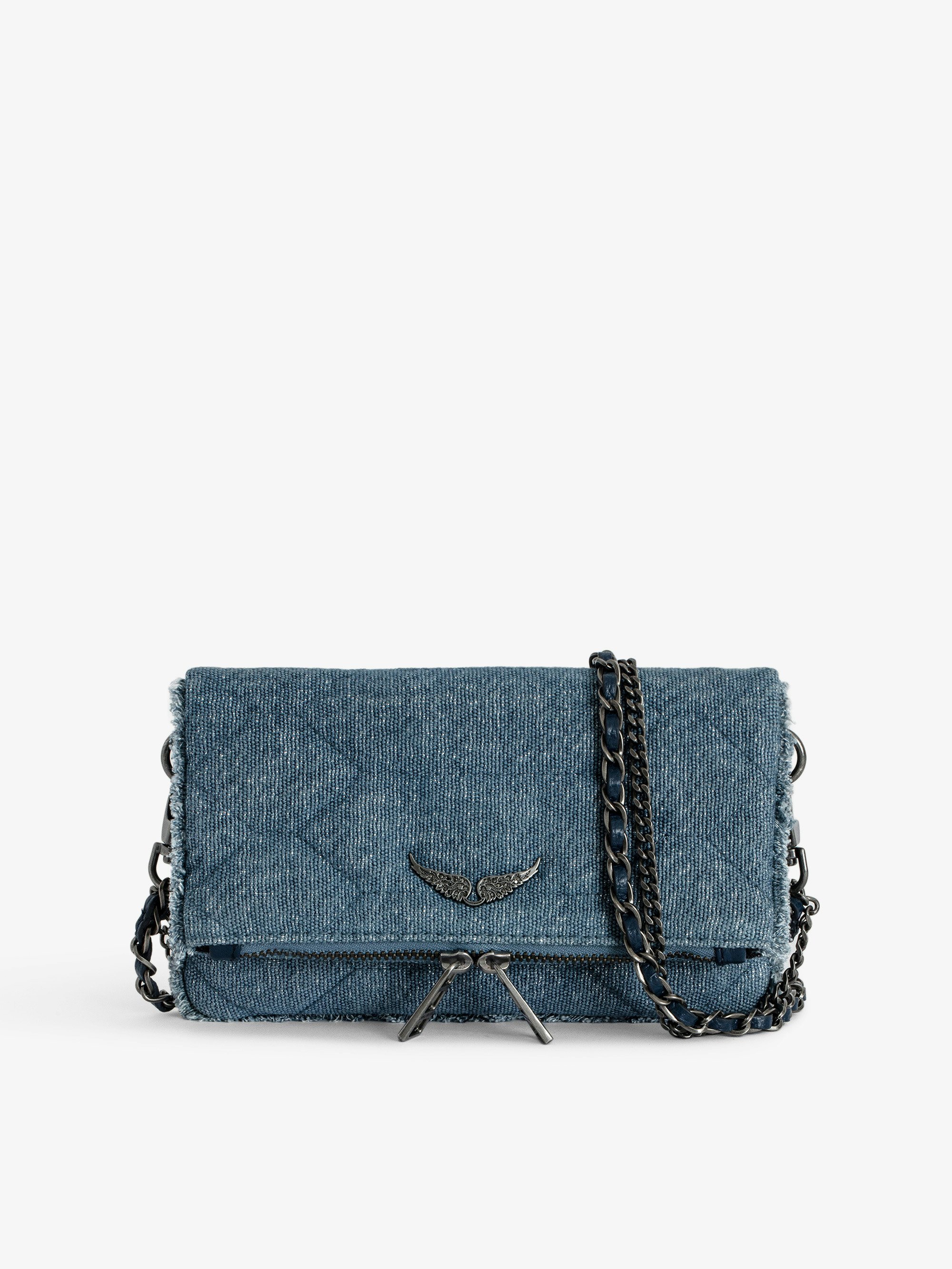Rock Nano Glitter Denim Quilted Clutch - Small blue glitter denim quilted clutch with double leather and metal chain strap and charms.