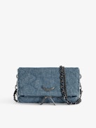 Rock Nano Glitter Denim Quilted Clutch - Small blue glitter denim quilted clutch with double leather and metal chain strap and charms.