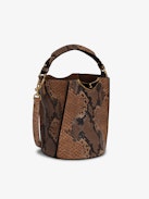 Borderline Bucket Bag - Faux snakeskin, brown leather bucket bag with handle and shoulder strap, signature wings in gilded metal and black enamel.