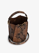 Borderline Bucket Bag - Faux snakeskin, brown leather bucket bag with handle and shoulder strap, signature wings in gilded metal and black enamel.