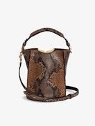 Borderline Bucket Bag - Faux snakeskin, brown leather bucket bag with handle and shoulder strap, signature wings in gilded metal and black enamel.
