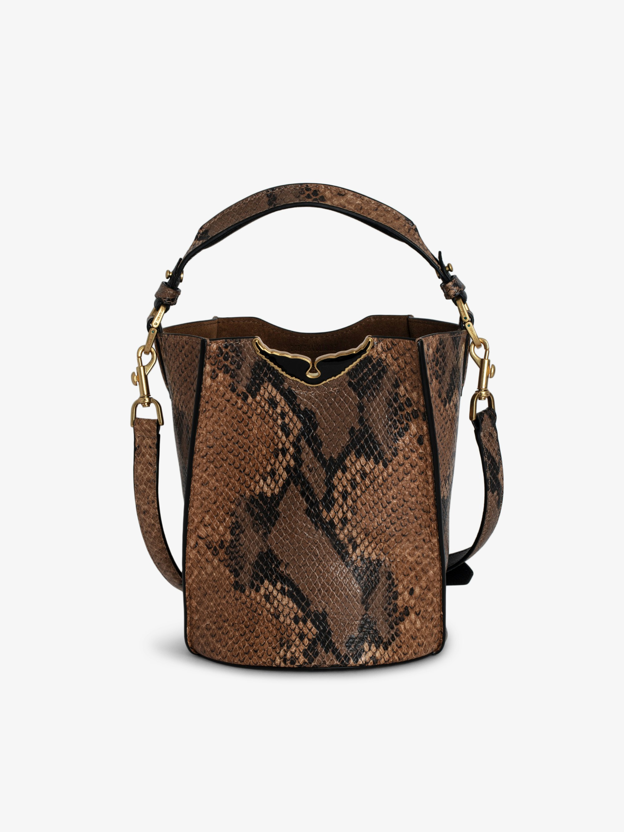 Sac Borderline Bucket - Sac seau en cuir marron effet python à anse et bandoulière, signature ailes métal doré et émail noir.