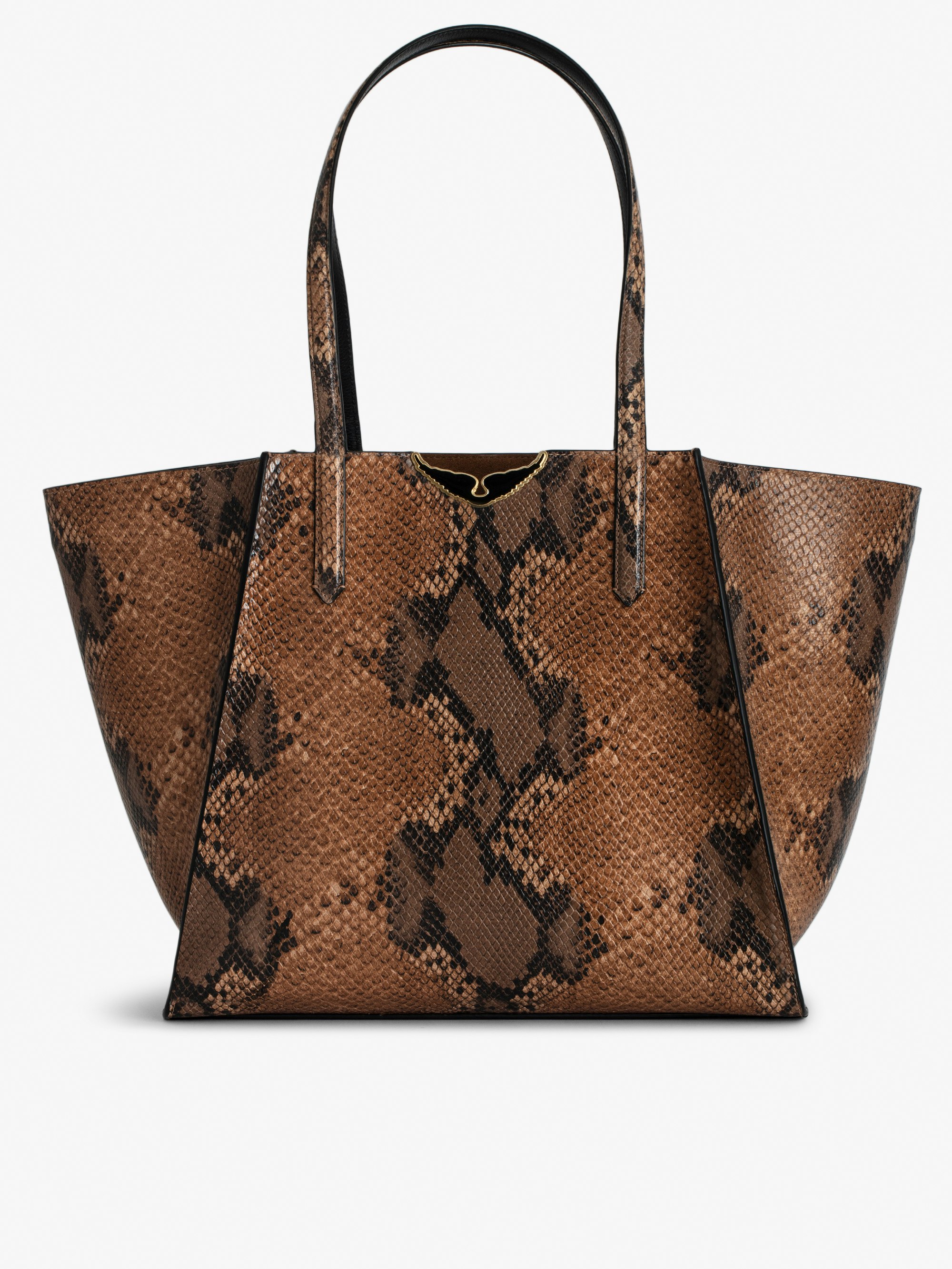 Le Borderline Bag - Faux snakeskin, brown leather tote bag embellished with wings in gilded metal and black enamel.