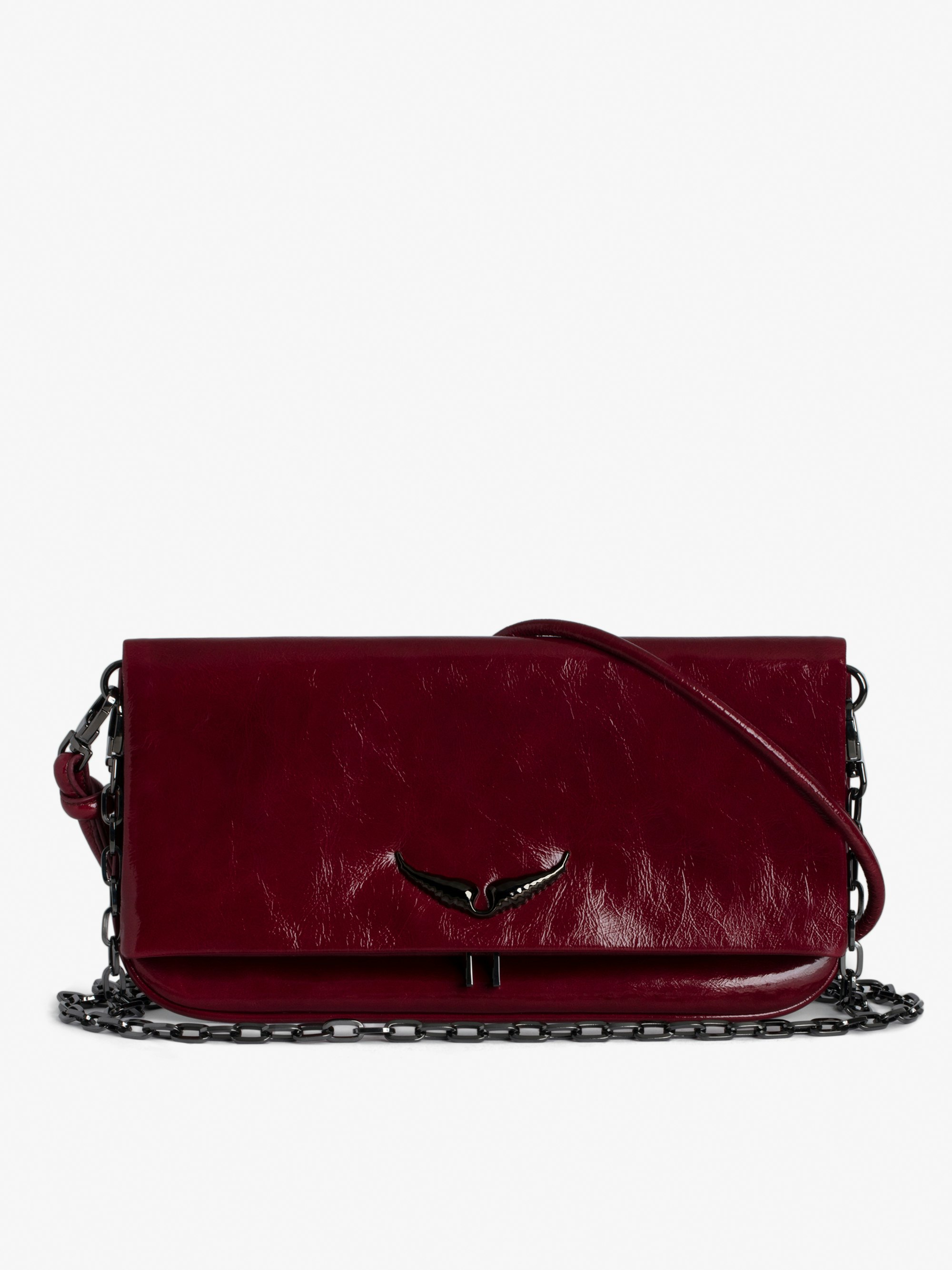 Rock Eternal Clutch - Red clutch in glossy leather with crinkled effect and double leather and chain straps.