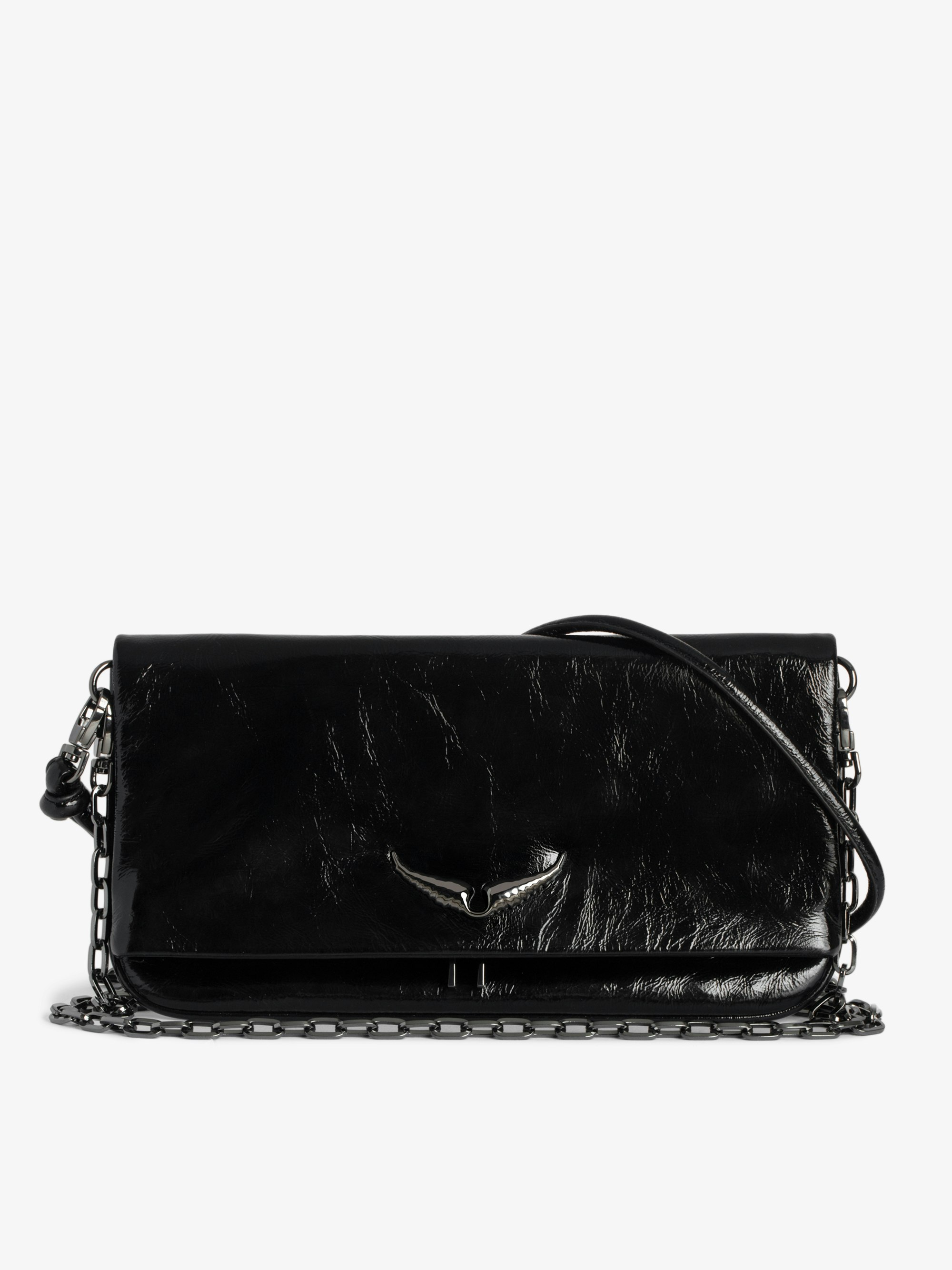 Rock Eternal Clutch - Black creased patent leather clutch with double leather and chain straps.