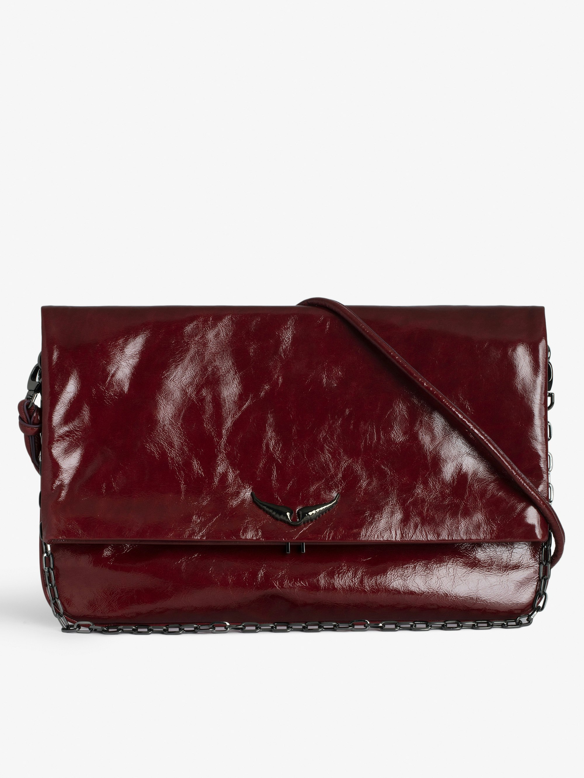 Pochette Rock Eternal XL - Pochette en cuir rouge effet froissé brillant à double chaîne cuir et métal.