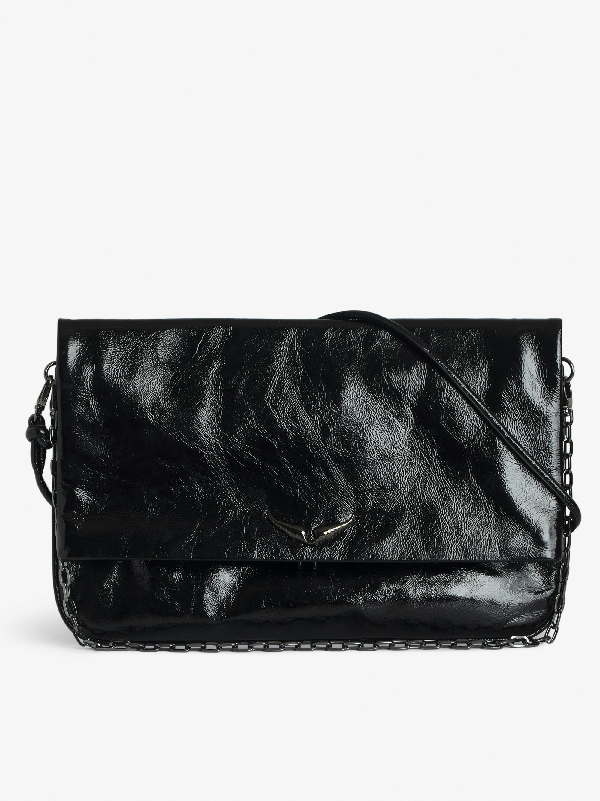 Rock Eternal XL Clutch - Large black creased patent leather clutch bag with double leather and metal chain strap.