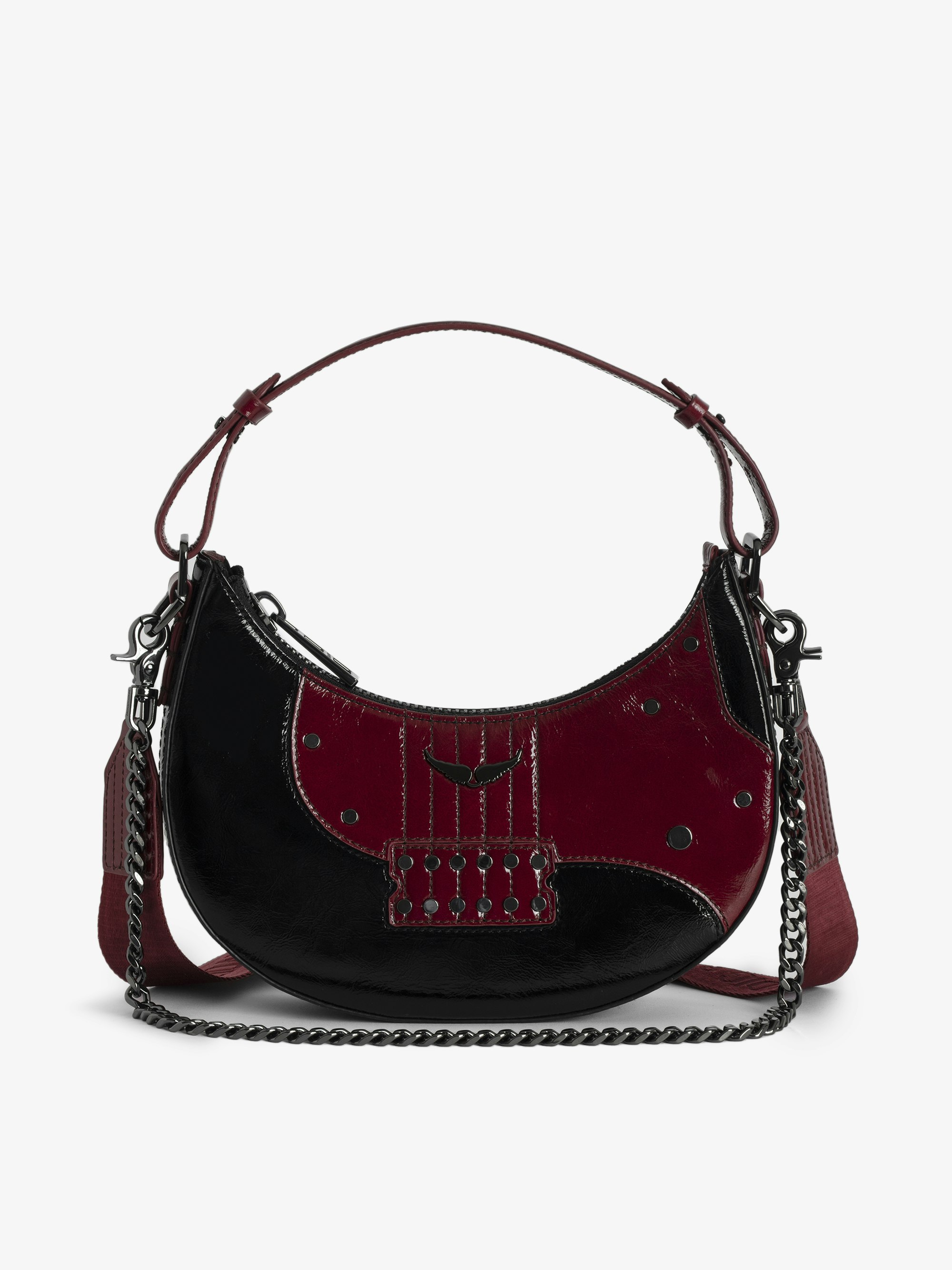 Moonrock Bag - Glossy leather half-moon bag with handle, shoulder strap, chain, guitar motif, studs and signature wings.