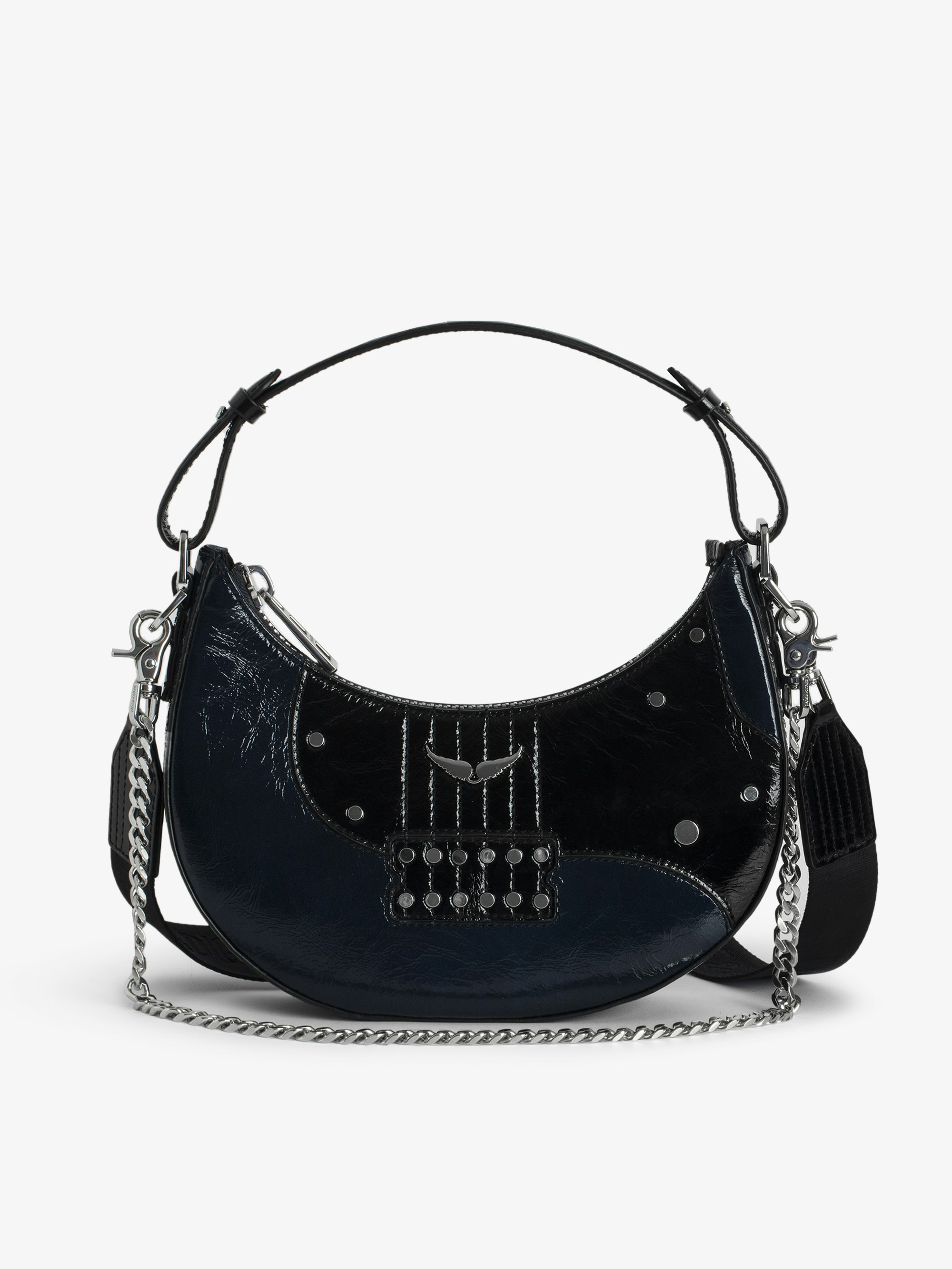 Bolso Moonrock - Bolso de piel brillante en forma de media luna con asa, bandolera, cadena, motivo de guitarra, tachuelas y las emblemáticas alas.