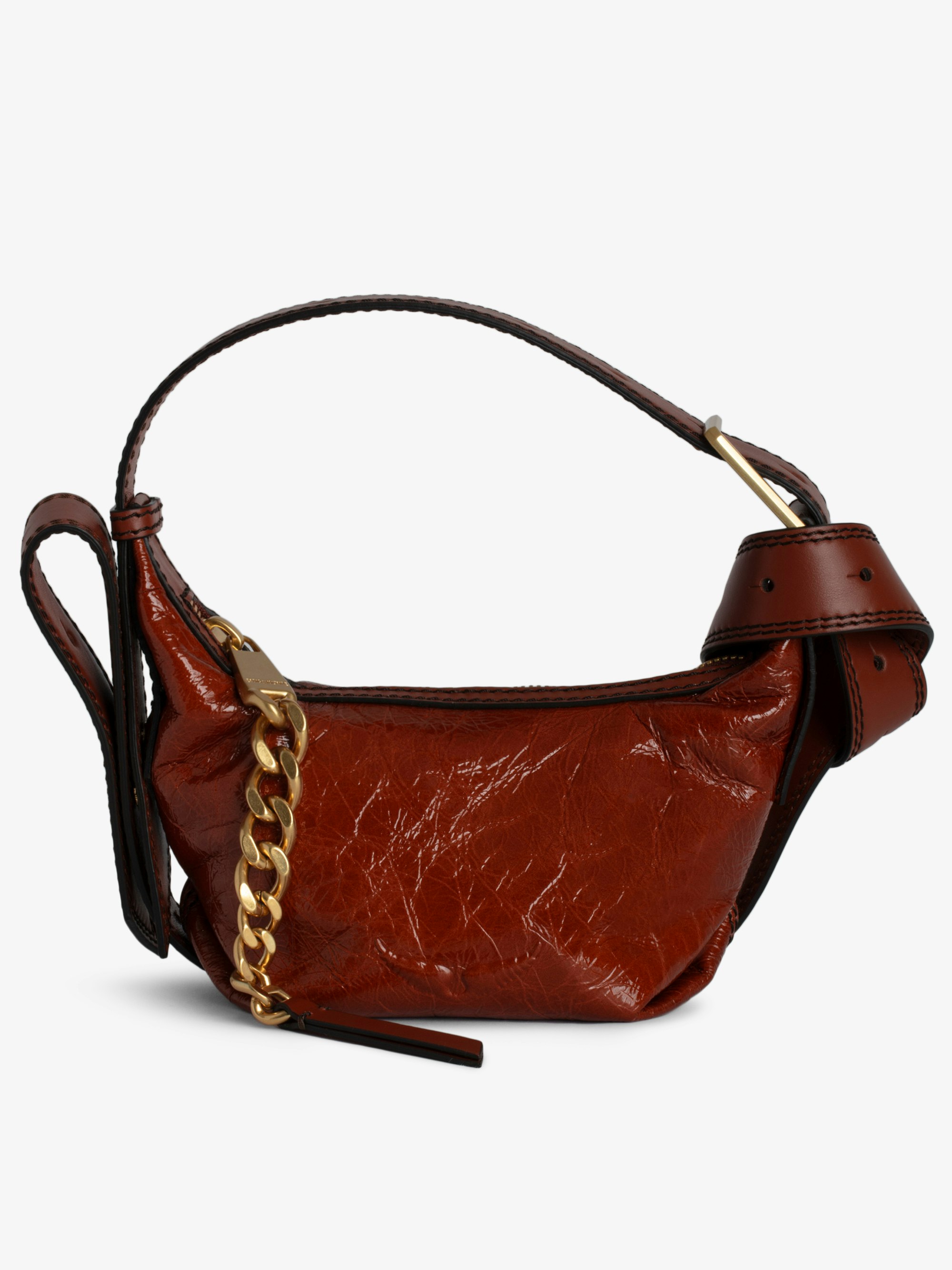 Le Cecilia XS Bag - Small brown bag in glossy leather with crinkled effect with shoulder strap and metal C buckle.