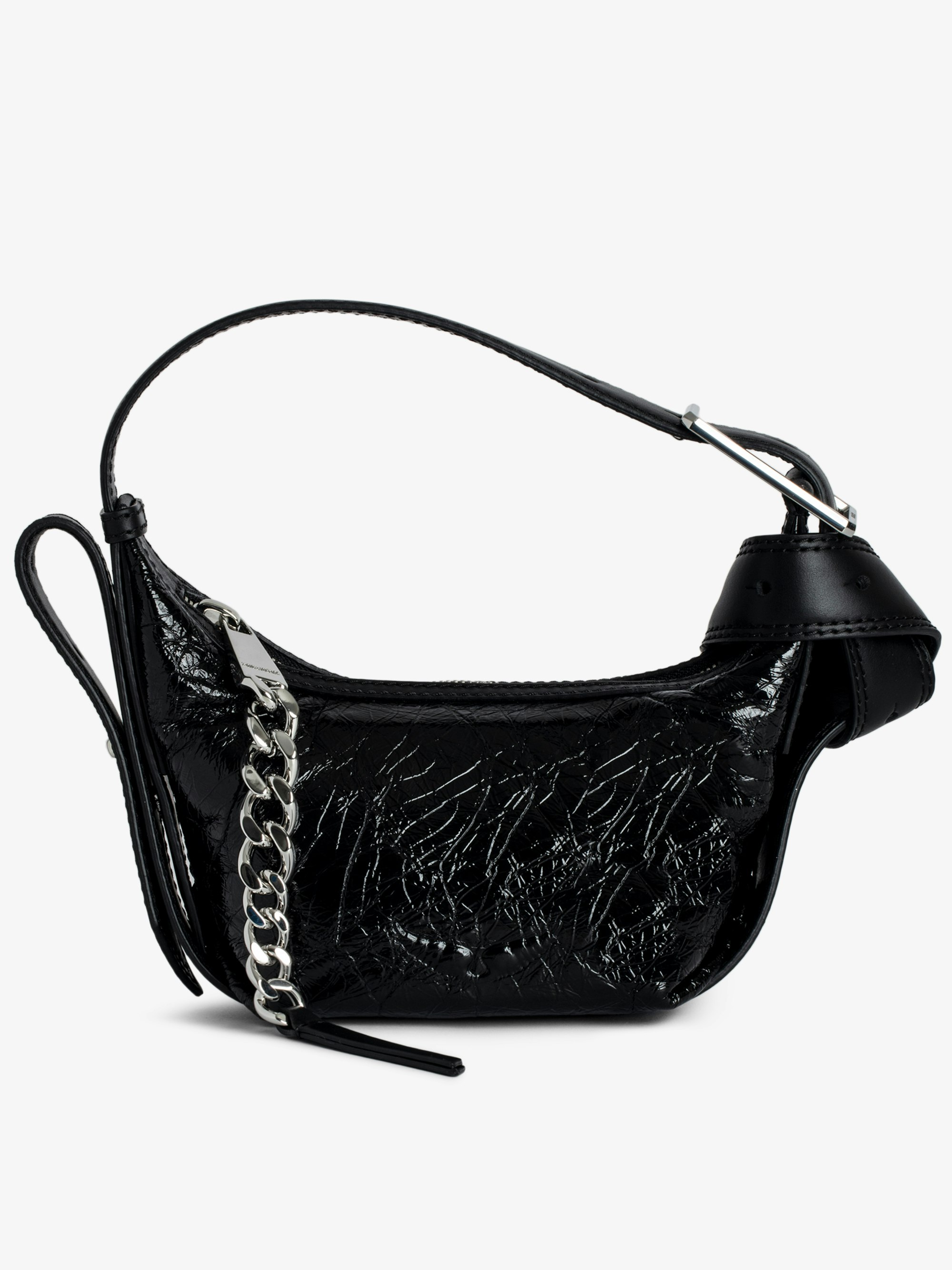 Le Cecilia XS Bag - Women’s small black crinkled leather bag with shoulder strap and metal C buckle.