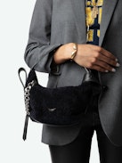 Le Cecilia XS Shearling Bag - Small navy blue shearling leather bag with leather shoulder strap and metal C buckle.