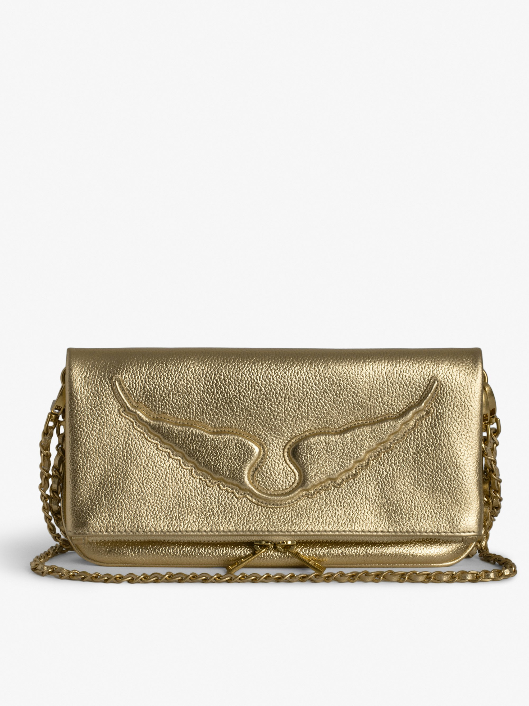 Rock Clutch - Gold metallic grained leather clutch with double chain and signature embossed wings.