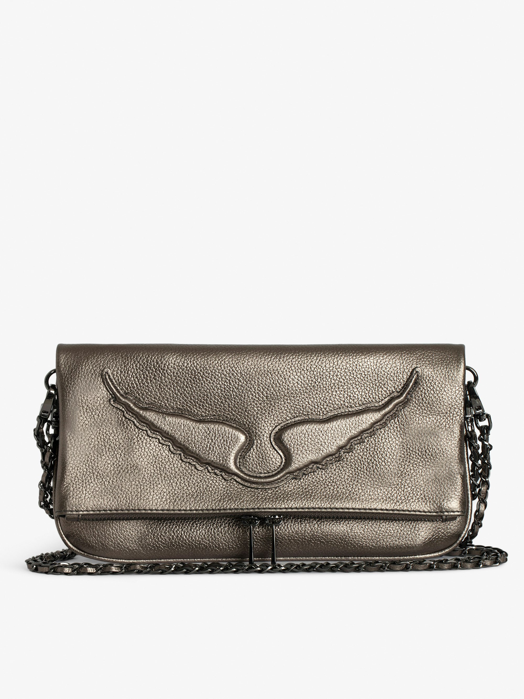 Rock Clutch - Metallic grained leather clutch with double chain and signature embossed wings.