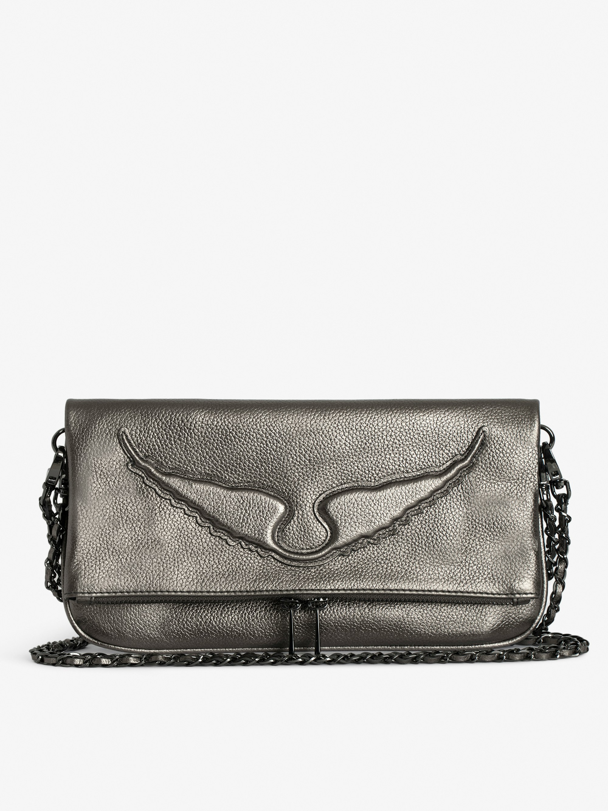 Rock Clutch - Metallic grained leather clutch with double chain and signature embossed wings.