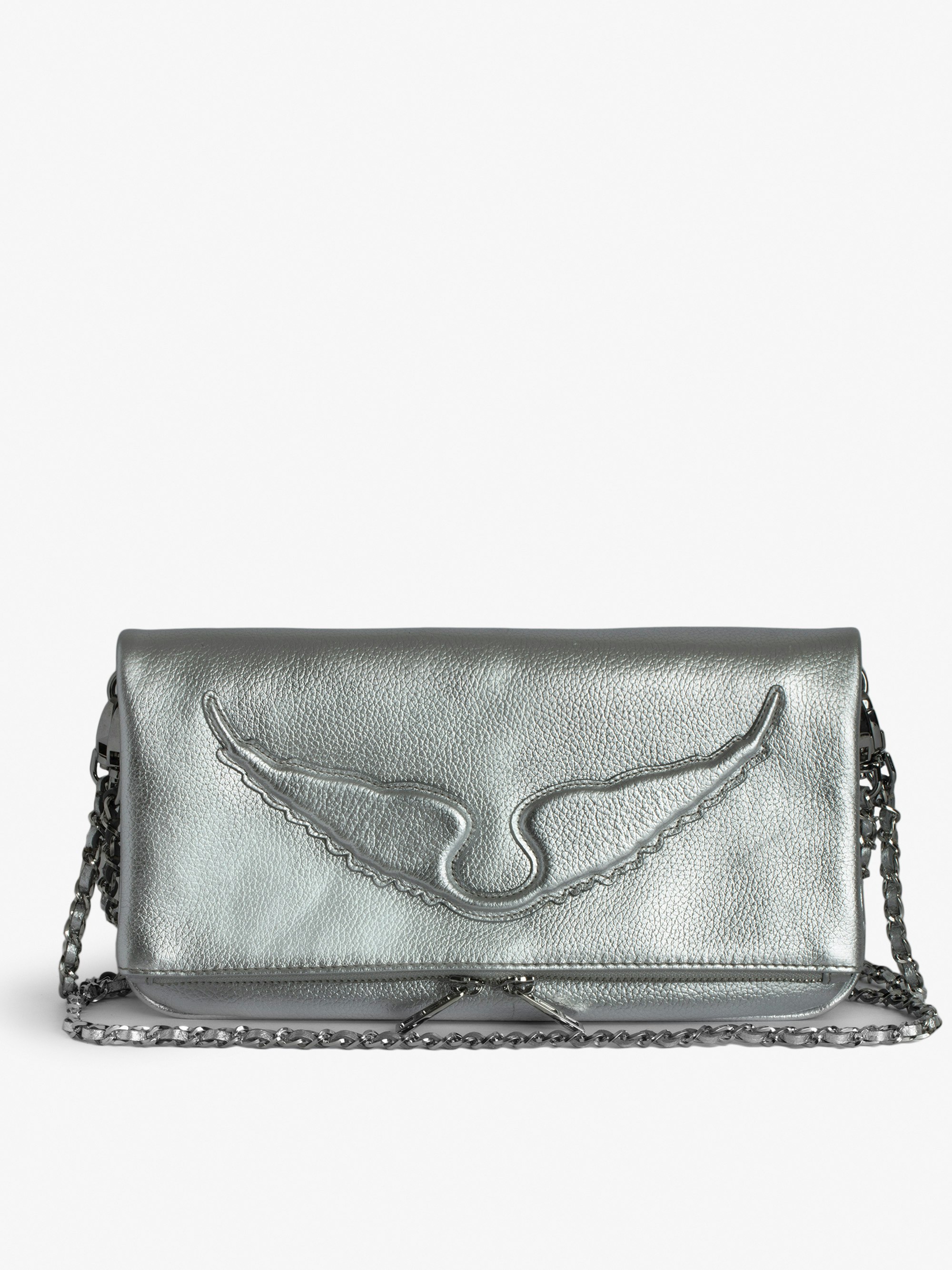 Rock Clutch - Silver-tone metallic grained leather clutch with double chain and signature embossed wings.
