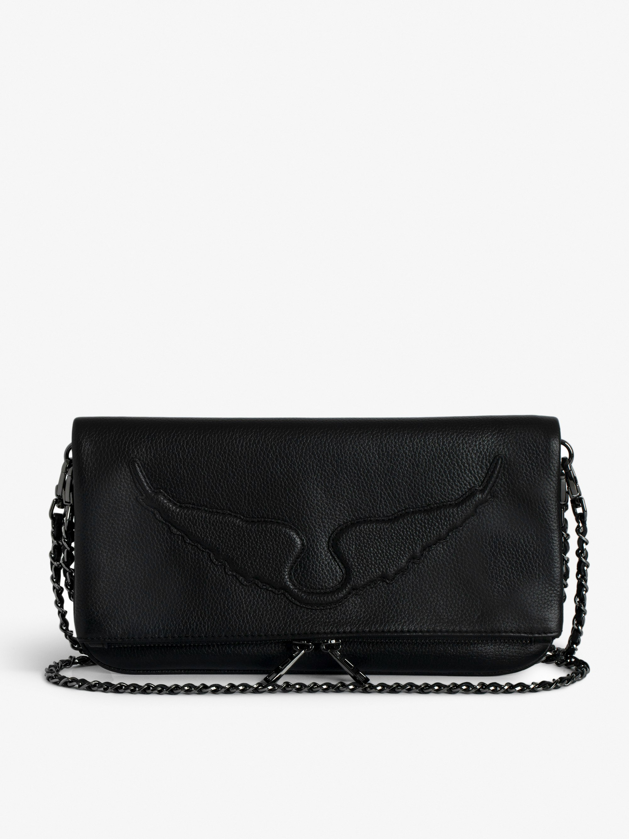 Rock Clutch - Black grained leather clutch with double chain and signature embossed wings.