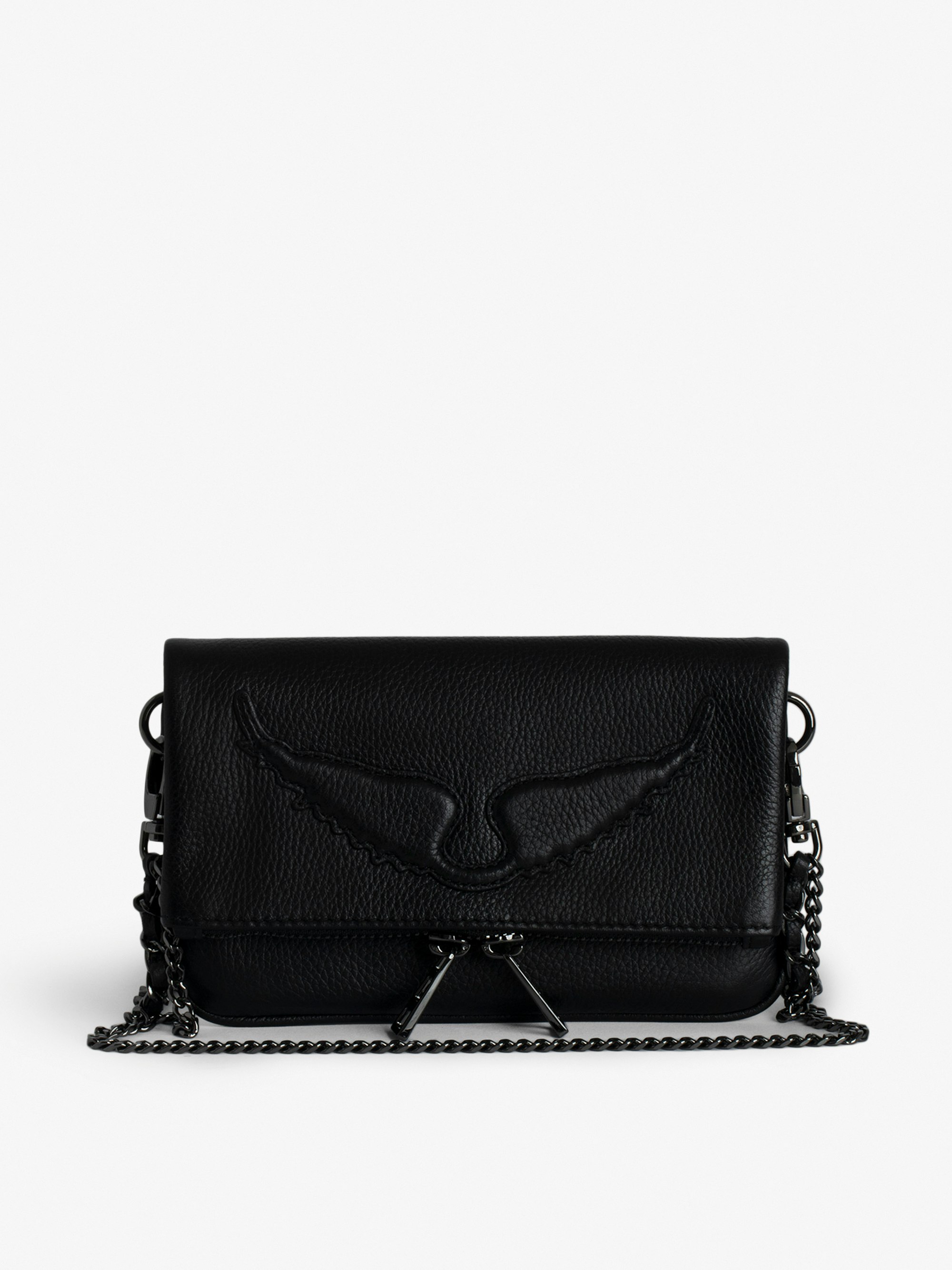 Bolso de mano Rock Nano - Pequeño bolso de mano de cuero granulado con doble cadena y alas de firma grabadas.