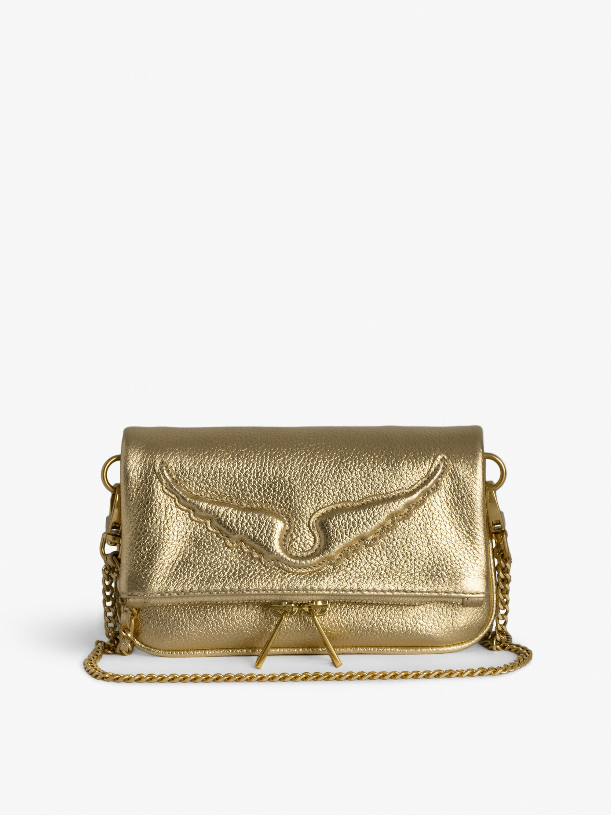Rock Nano Clutch - Small metallic gold grained leather clutch with double chain and signature embossed wings.