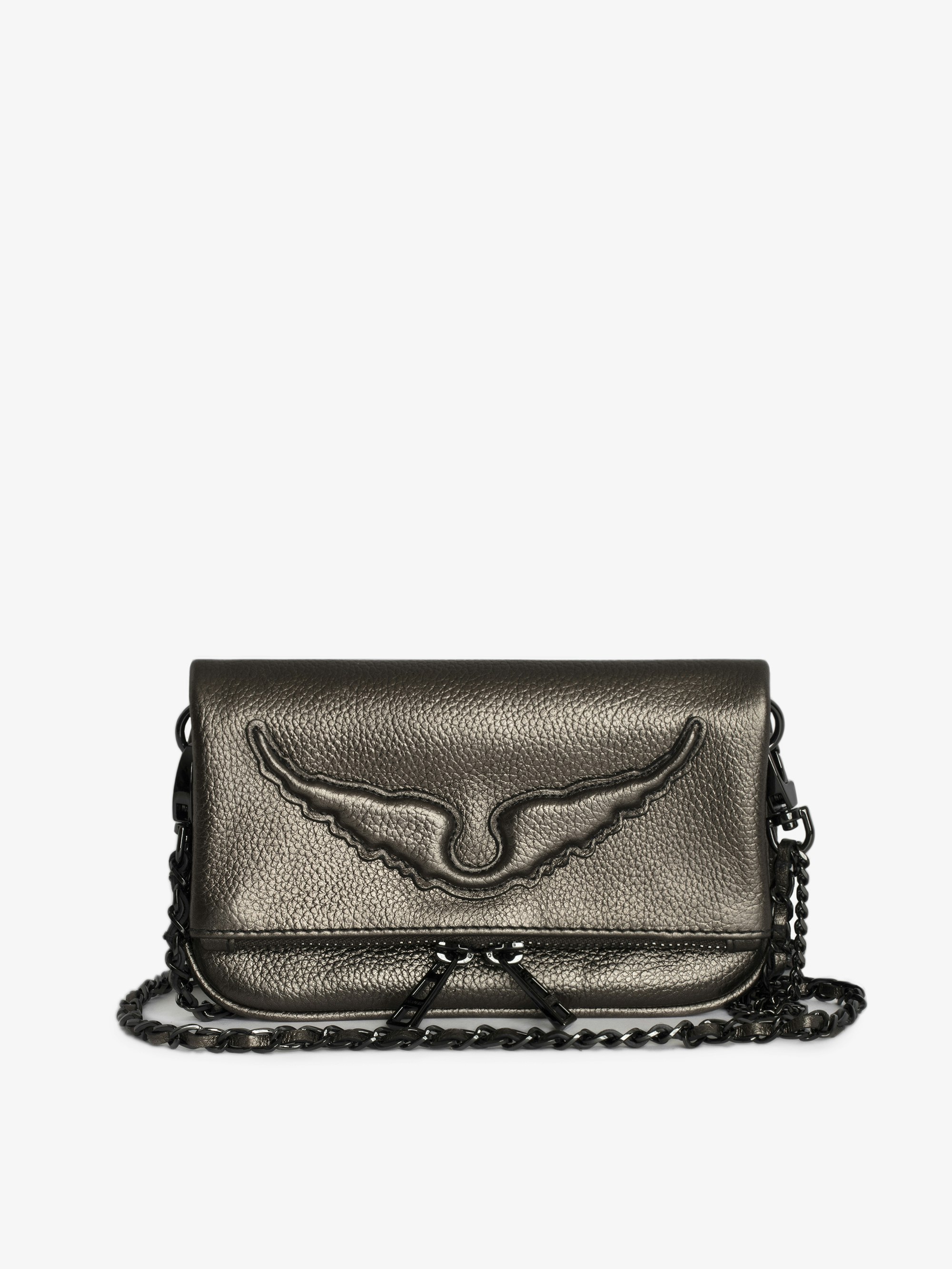 Pochette Rock Nano - Petite pochette en cuir grainé métallisé gris à double chaîne et signature ailes embossées.