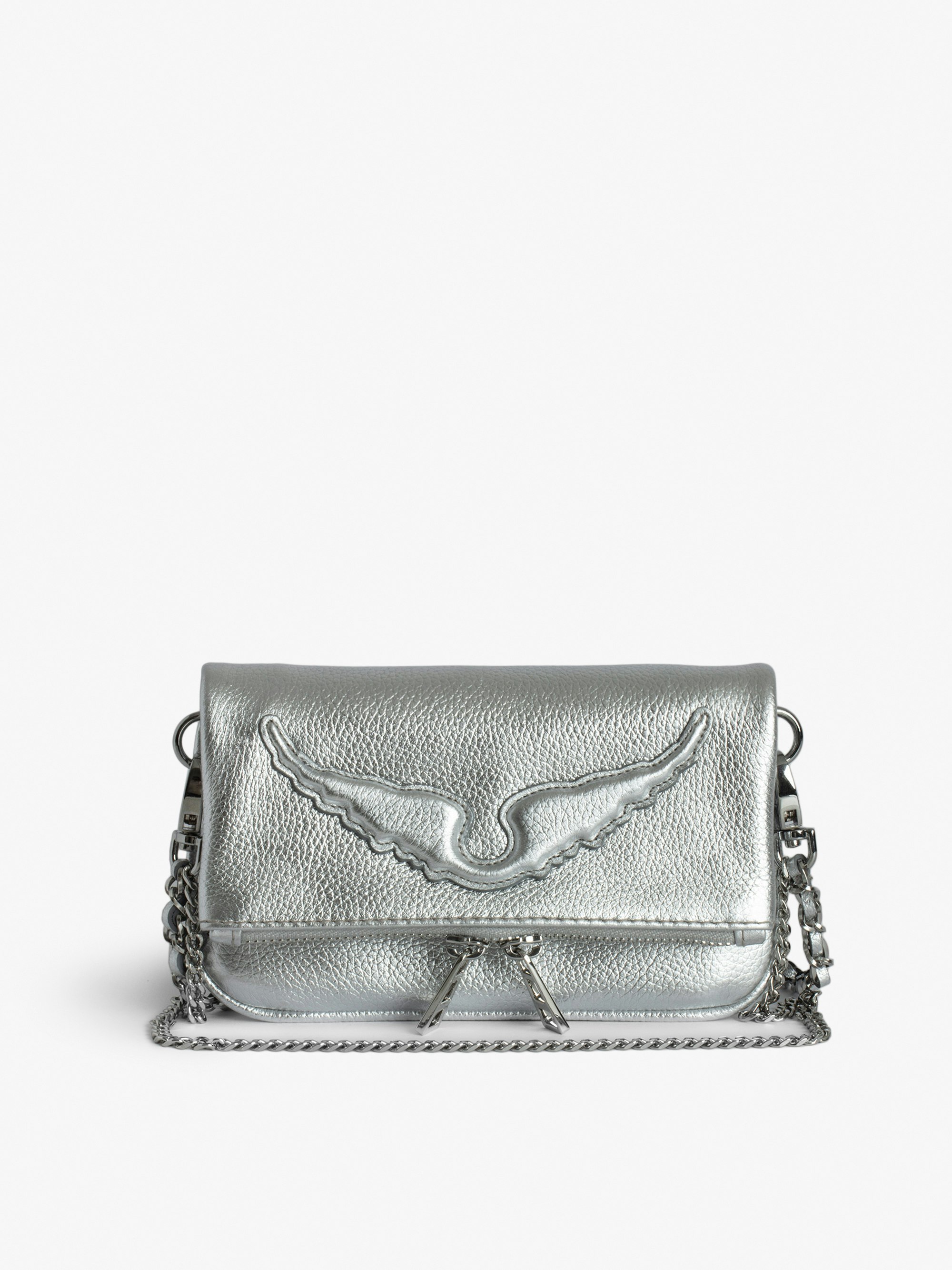 Rock Nano Clutch - Small silver-tone metallic grained leather clutch with double chain and signature embossed wings.