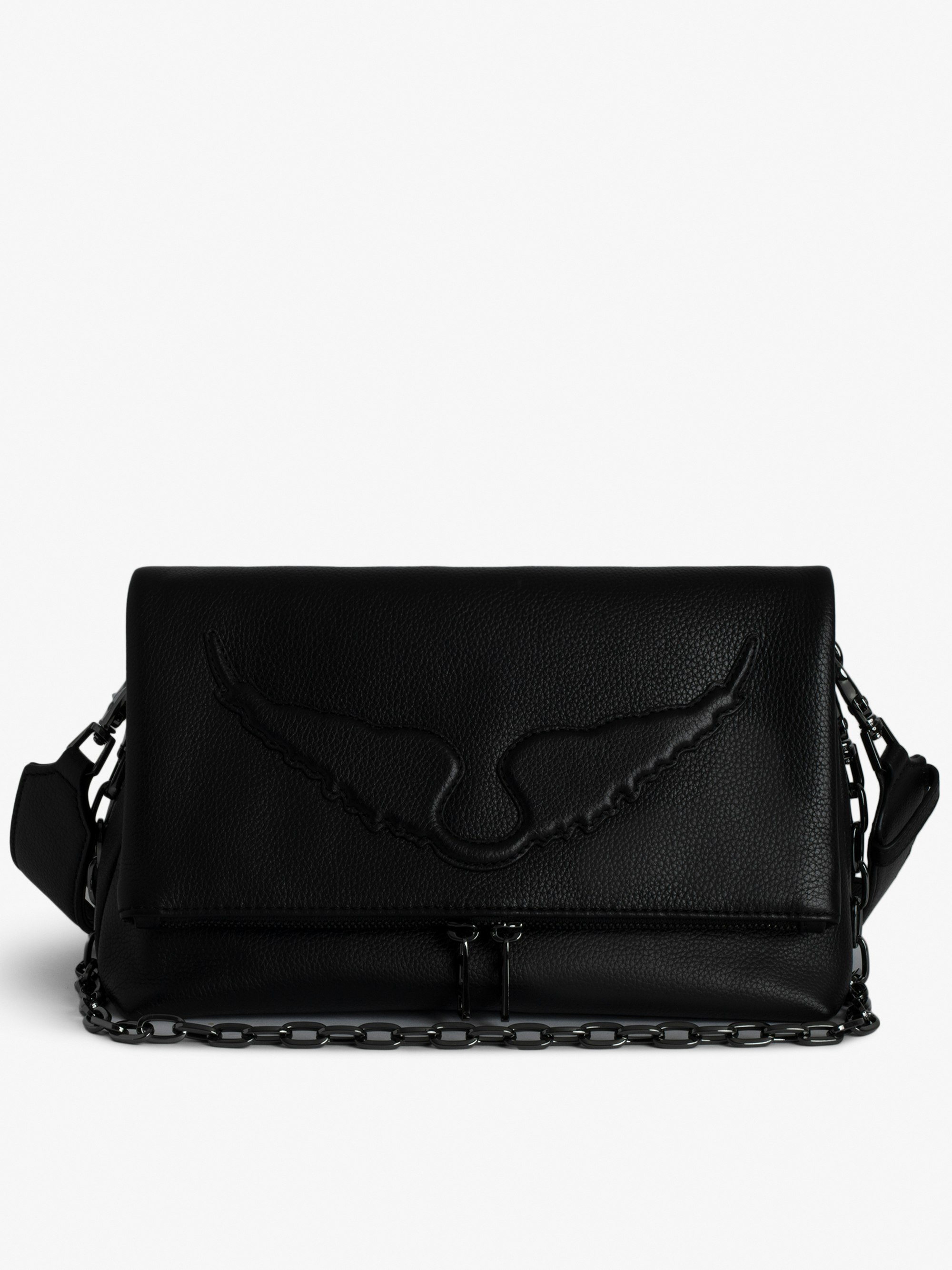 Rocky Bag - Black grained leather bag with chain, shoulder strap and signature embossed wings.