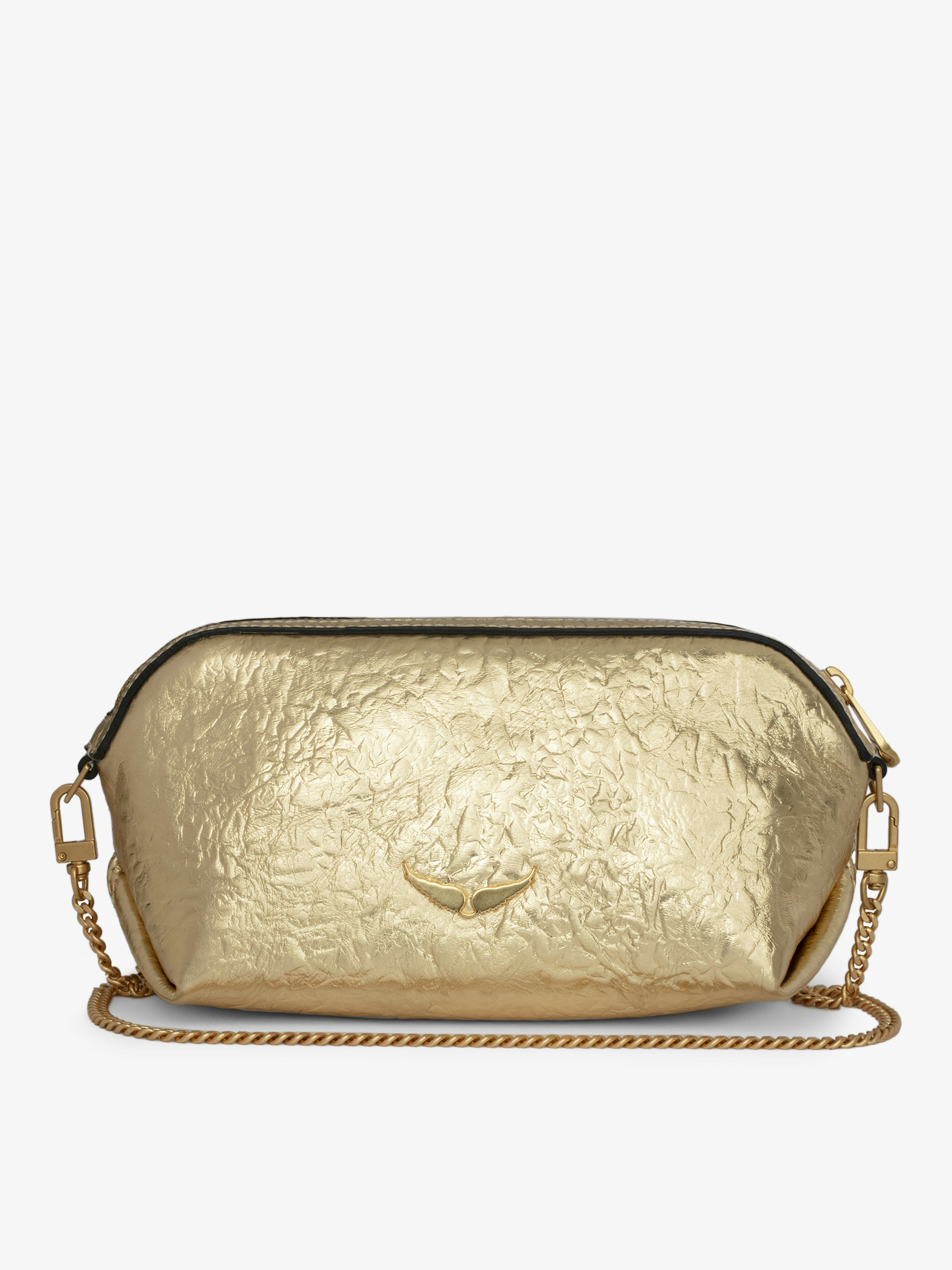 Tasche Le Cecilia Lovely - Kleine Tasche aus goldfarbenem Metallic-Leder in Knitteroptik mit abnehmbarem Ketten-Schulterriemen, hergestellt in Italien.