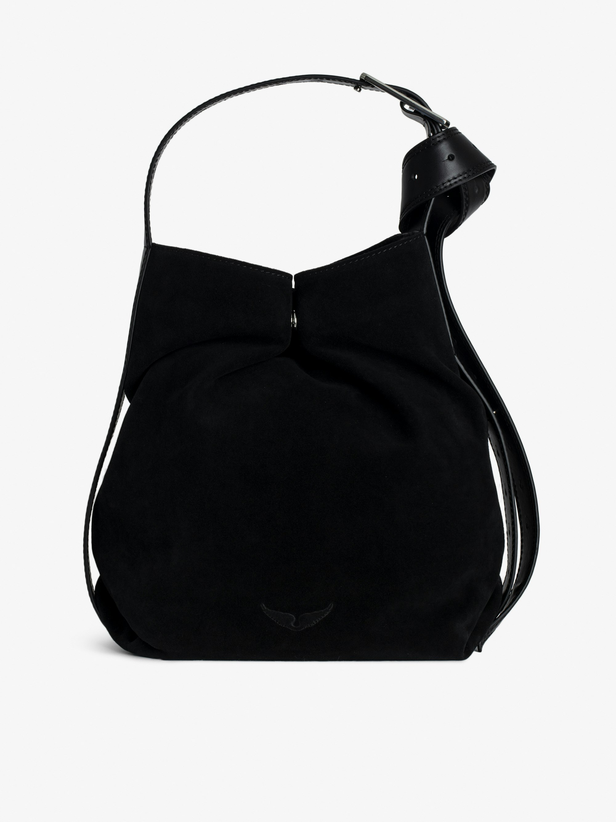 Tasche Le Cecilia Hobo - Schwarze Hobo-Tasche aus Veloursleder mit Schulterriemen aus Leder und „C“-förmiger Metallschnalle.