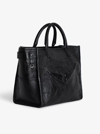 Angel Tote Bag - Crinkled leather bag with handle, shoulder strap and embossed wing signature.
