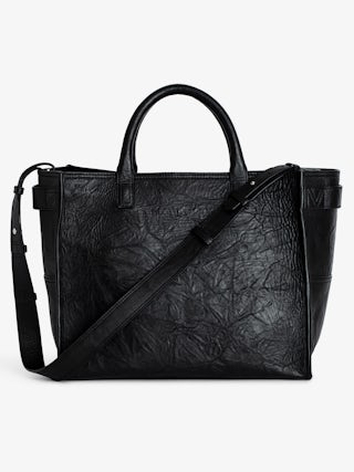 Angel Tote Bag - Crinkled leather bag with handle, shoulder strap and embossed wing signature.
