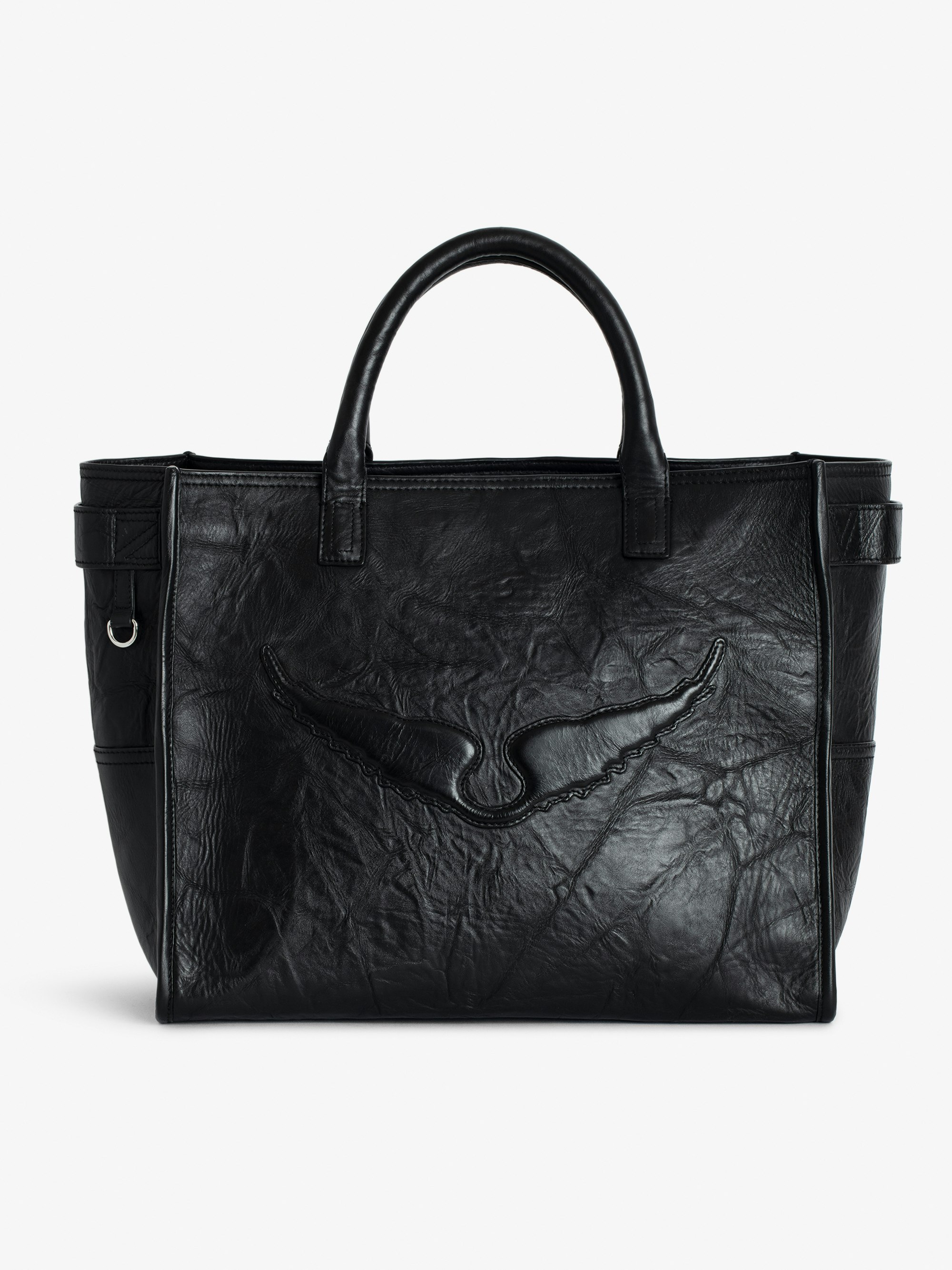 Borsa Angel Tote - Borsa in pelle nera effetto stropicciato con manico, tracolla e ali distintive in rilievo.