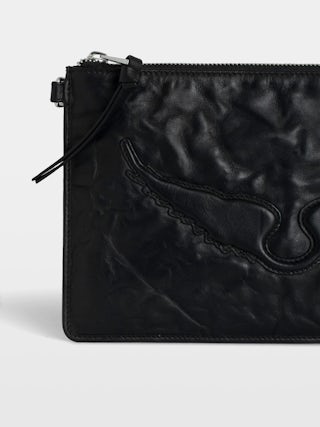 Angel Pochette - Grained leather clutch adorned with an embossed wing signature.