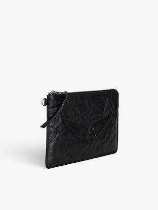 Angel Pochette - Grained leather clutch adorned with an embossed wing signature.